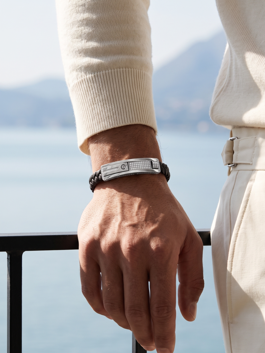 925 Silver Men's Brown Leather ID Bracelet