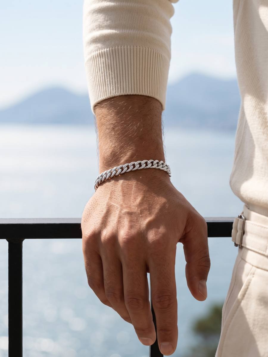 925 Silver Men's Curb Gold-Accent Bracelet