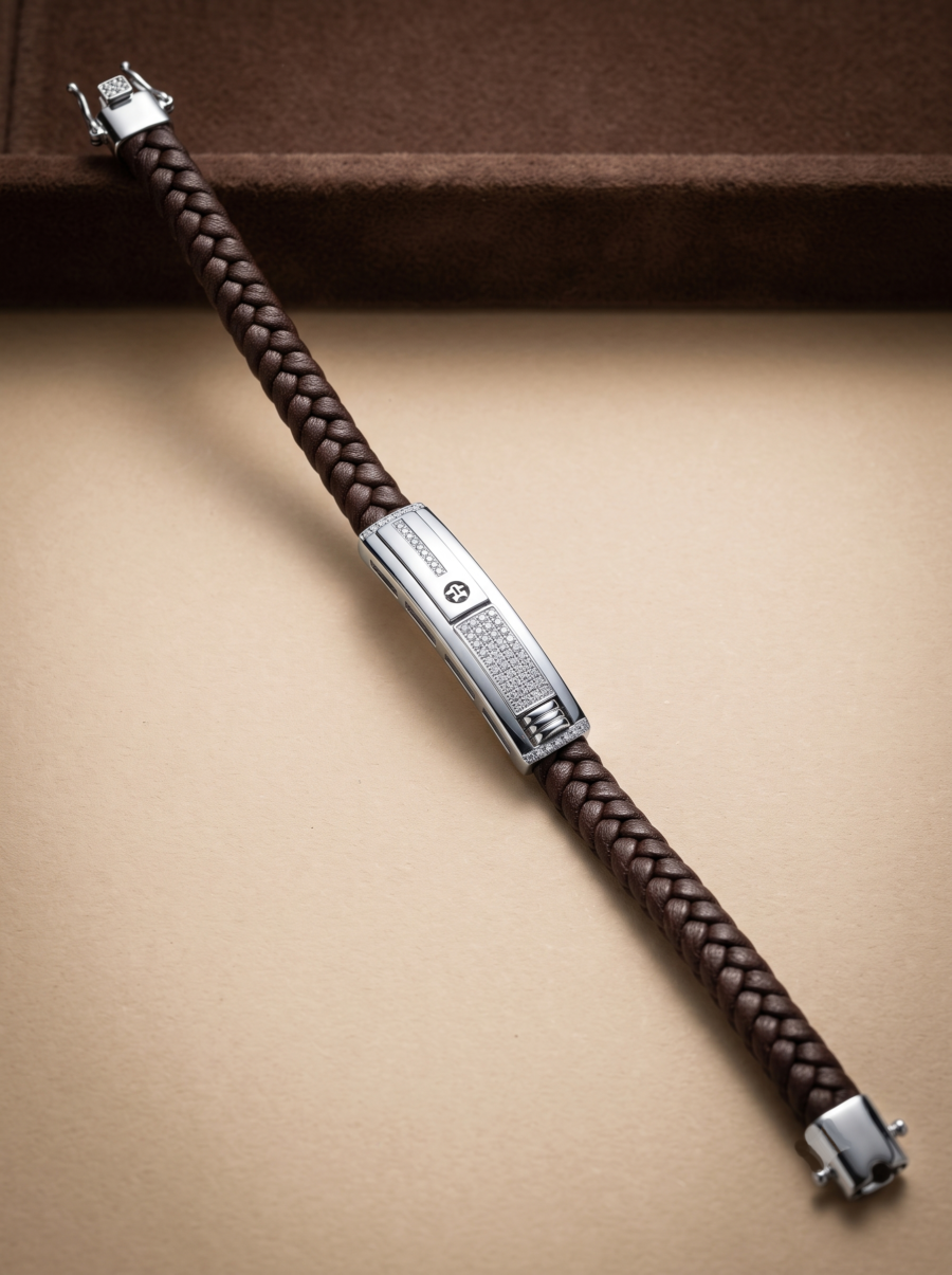 925 Silver Men's Brown Leather ID Bracelet