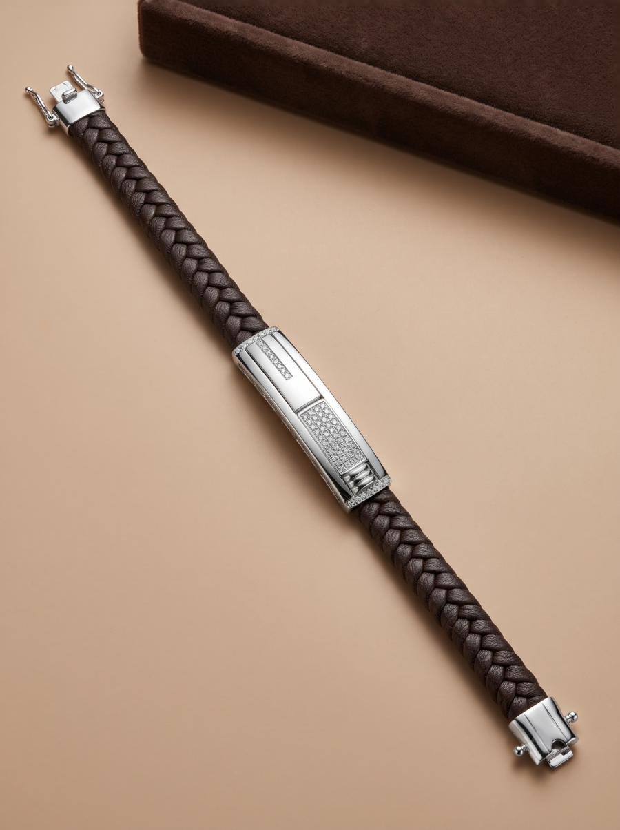 925 Silver Men's Brown Leather ID Bracelet