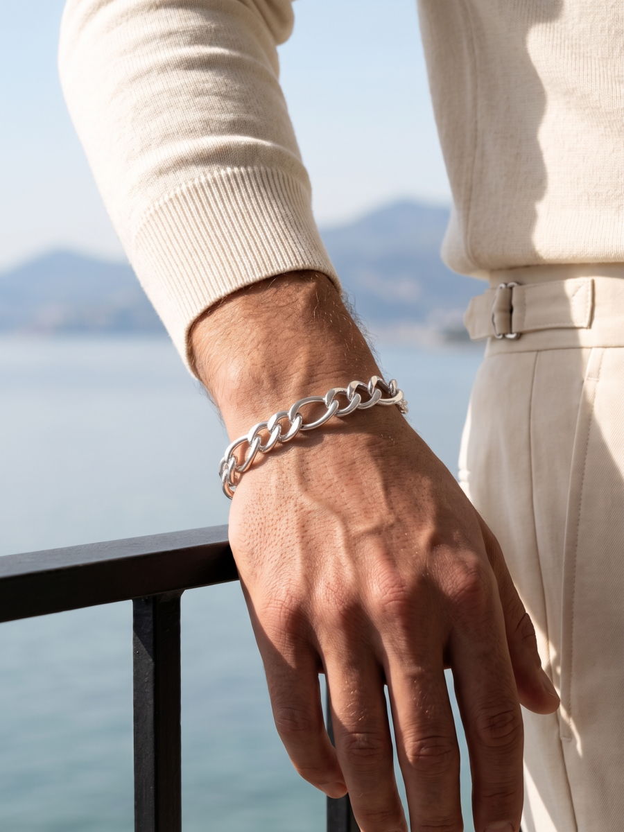 925 Silver Men's Figaro Accent Bracelet