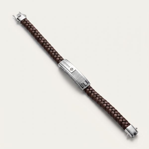925 Silver Men's Brown Leather ID Bracelet