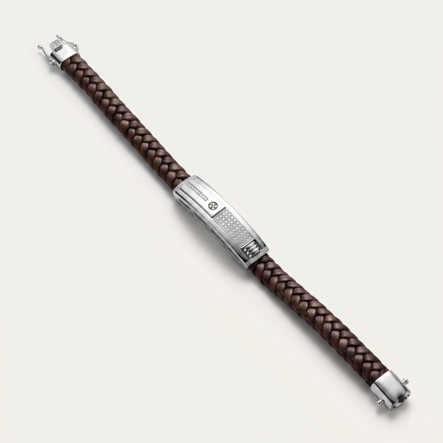 925 Silver Men's Brown Leather ID Bracelet