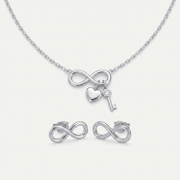 925 Silver CZ Bow Ribbon Necklace Set