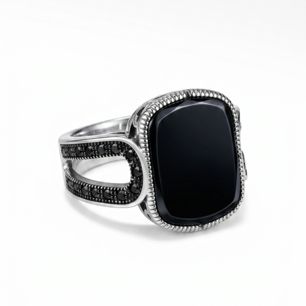 925 Silver Black Stone Chain Signet Ring