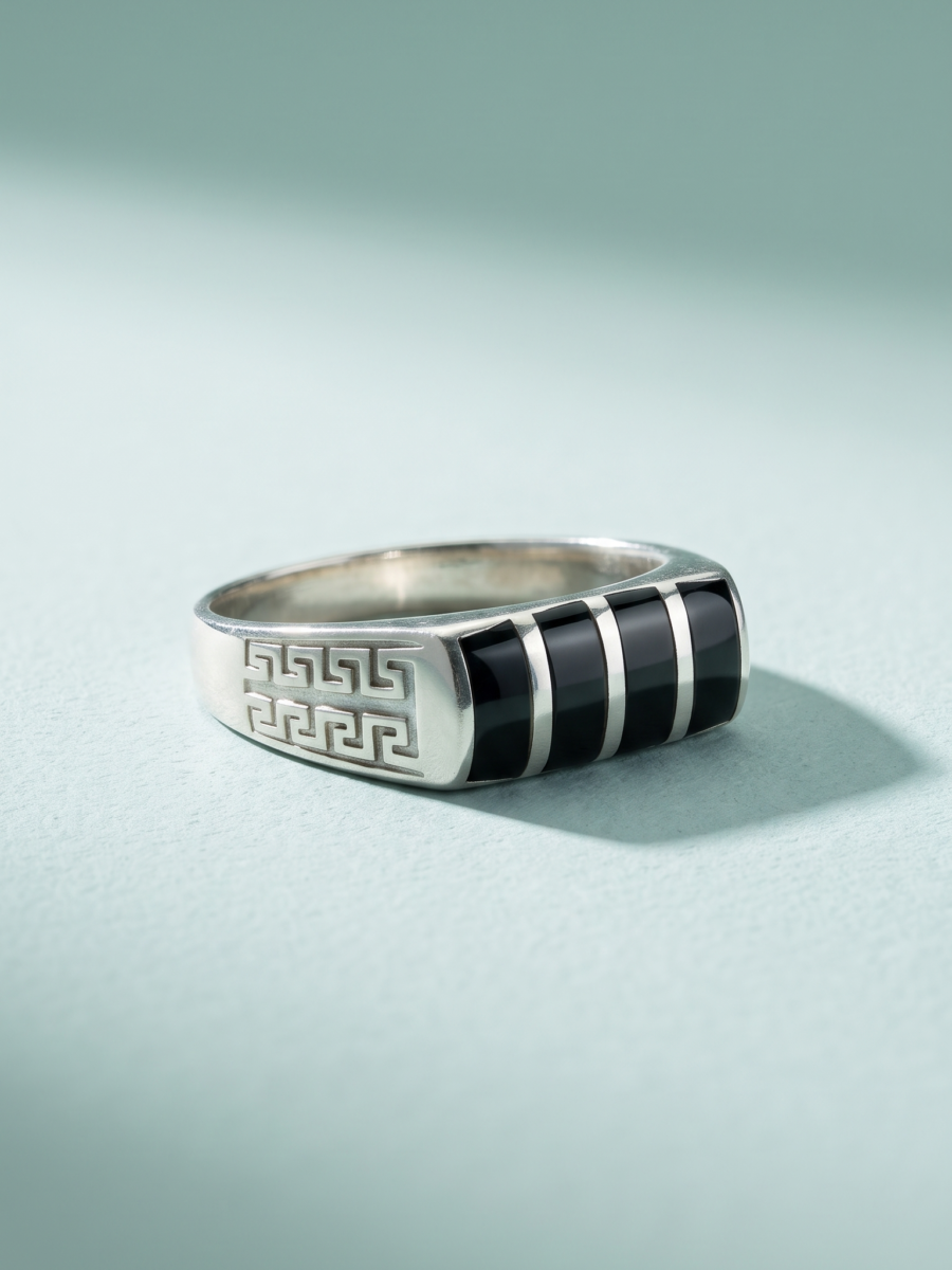 925 Silver Black Onyx Ridged Band Ring
