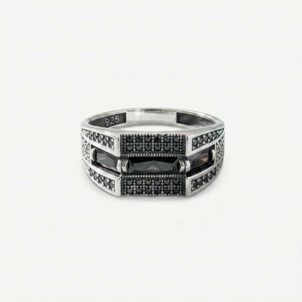 925 Silver Oxidised Onyx Marcasite Band Ring