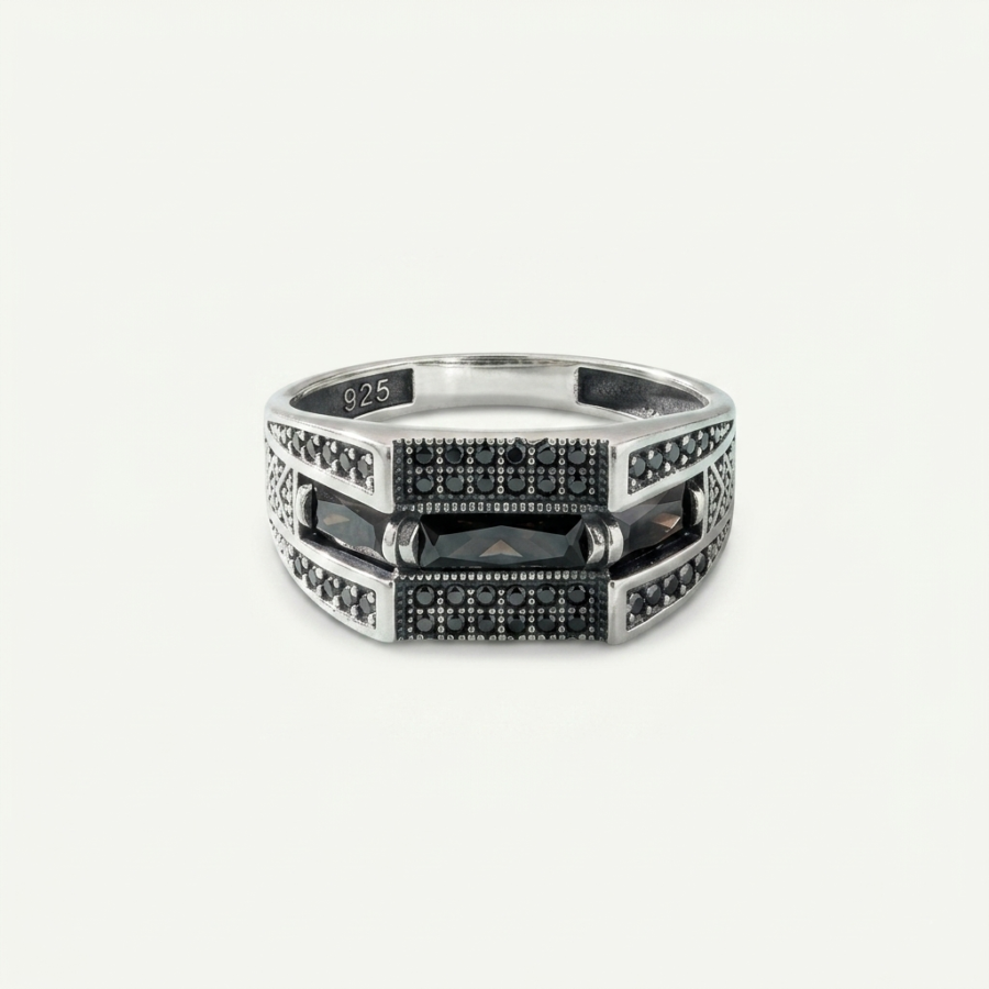 925 Silver Oxidised Onyx Marcasite Band Ring
