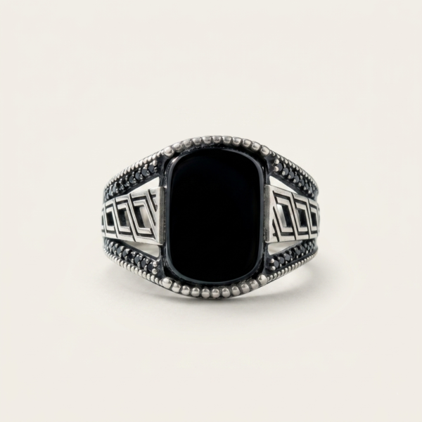 925 Silver Onyx Greek Key Signet Ring