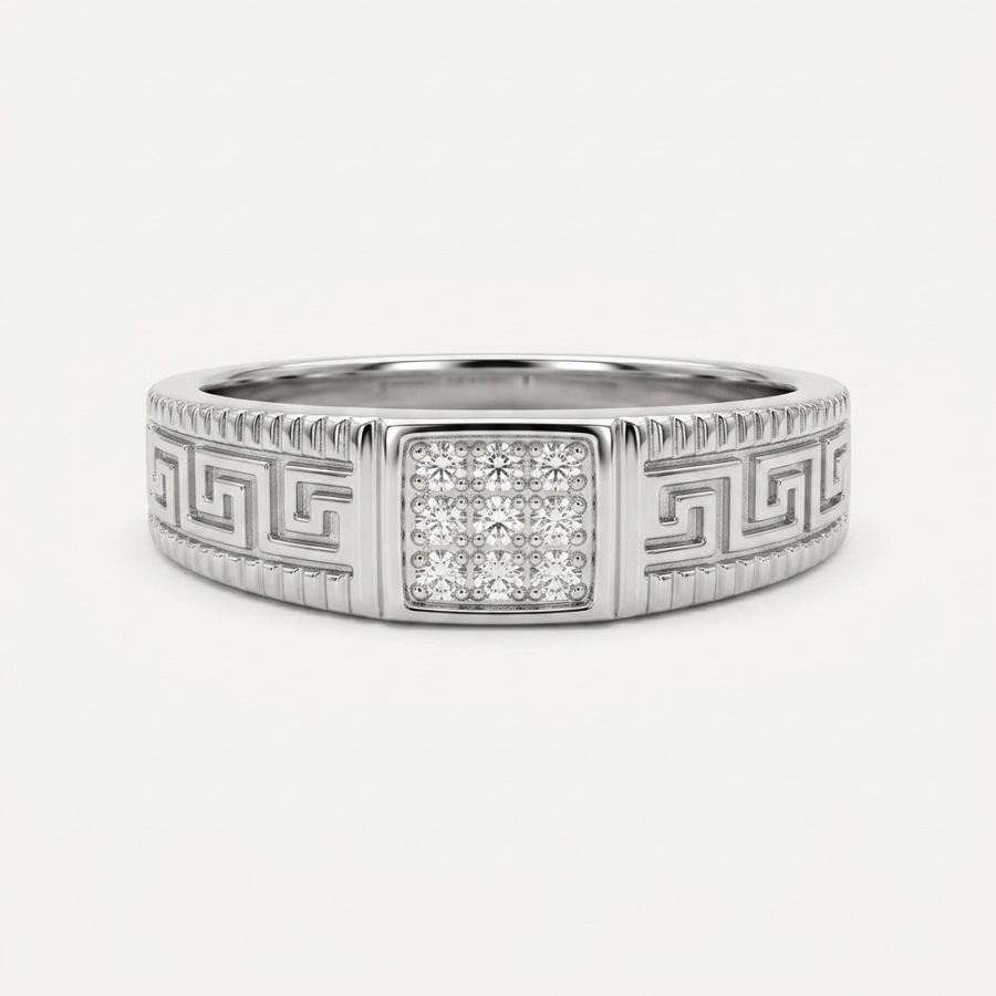 925 Silver Men's Greek Key Pave Signet Ring